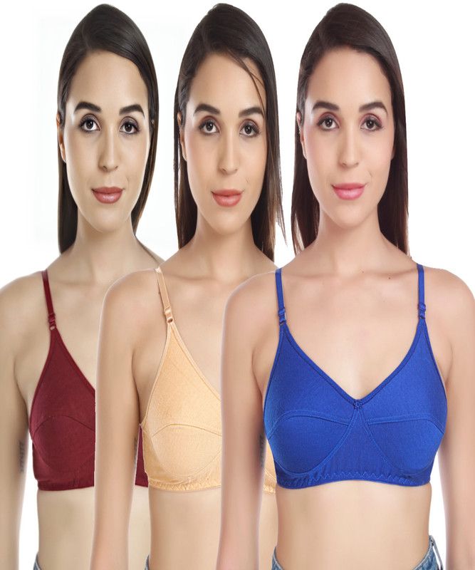 Cotton Lycra Sports bra in Maroon, Skin & Blue Color Pack of 3. Women Full Coverage Non Padded Bra  (Multicolor)