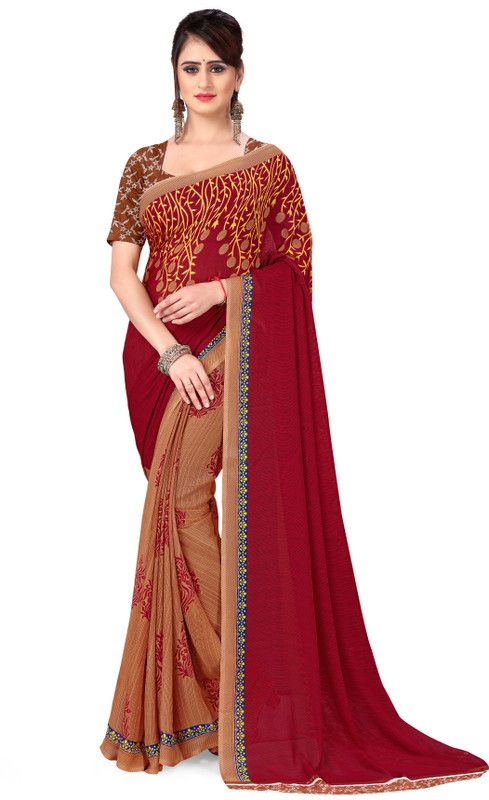 Printed, Paisley, Floral Print Daily Wear Georgette Saree  (Maroon, Beige)