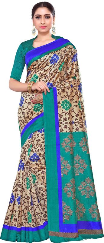 Printed, Floral Print Kalamkari Art Silk Saree  (Beige)