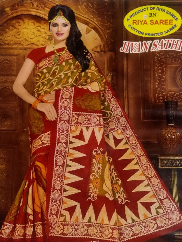Printed Tant Pure Cotton Saree  (Multicolor)