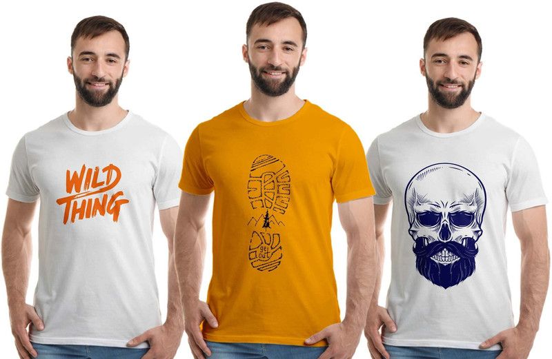 Pack of 3 Men Graphic Print Round Neck Pure Cotton White, Yellow T-Shirt