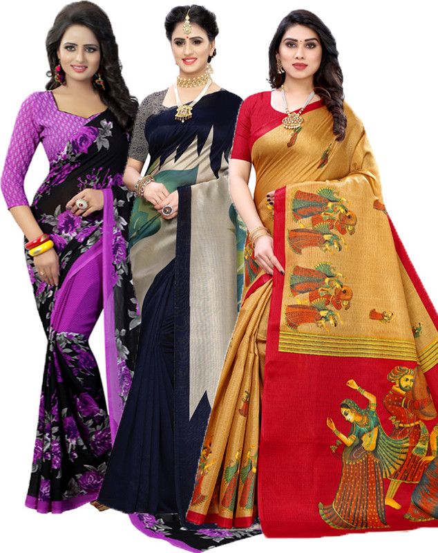 Printed Bollywood Georgette Saree  (Pack of 3, Purple, Dark Blue, Cream)