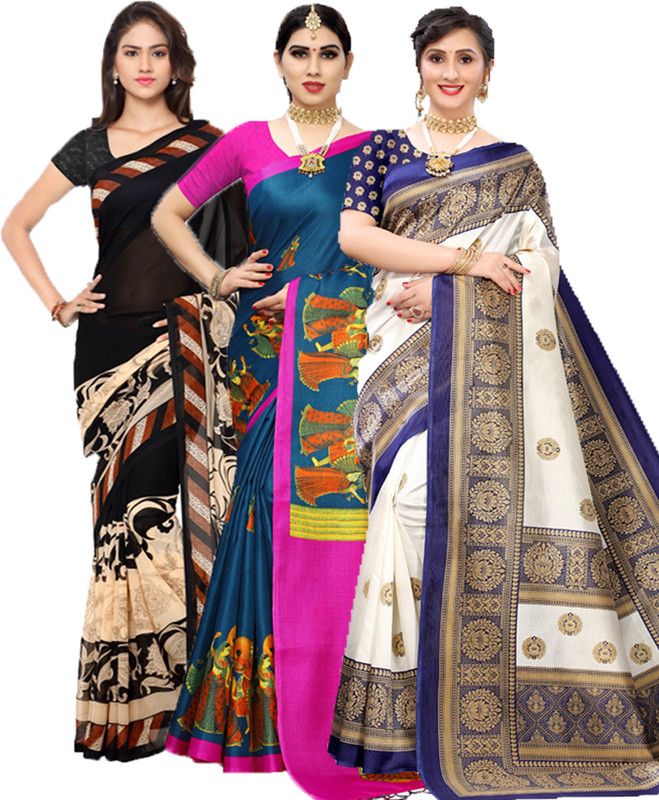 Printed Daily Wear Georgette Saree  (Pack of 3, Black, Pink, Blue)