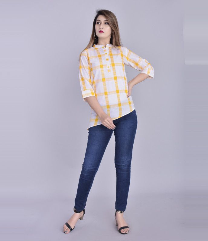 Casual Checkered Women Yellow Top