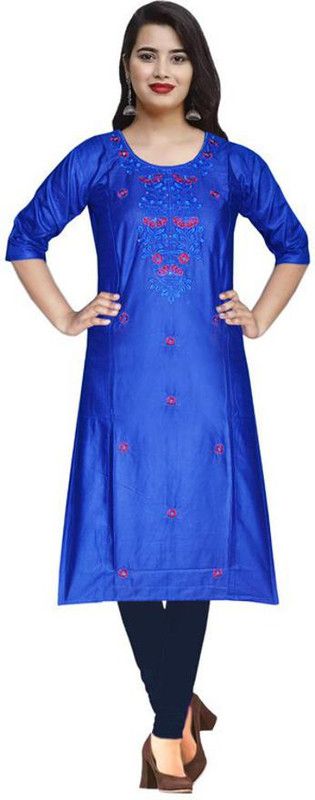 Girls Chikan Embroidery Cotton Blend Straight Kurta  (Blue)