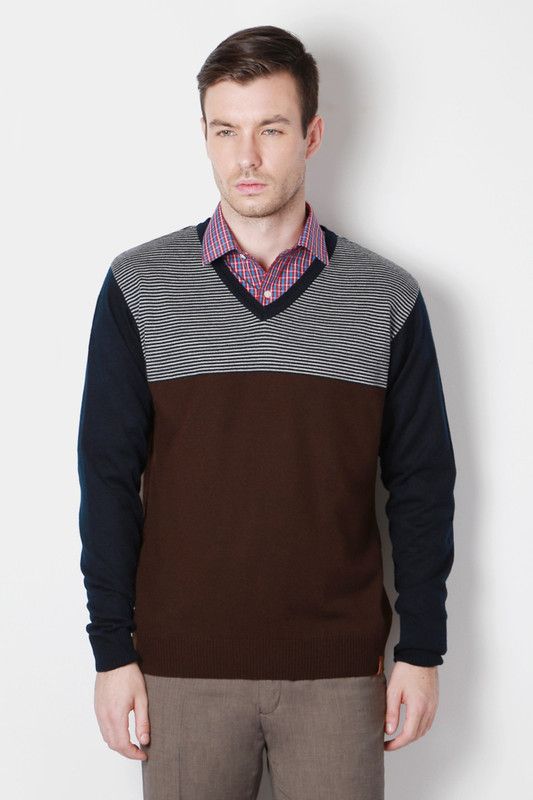 Men Striped V-neck Purple, Blue Sweater