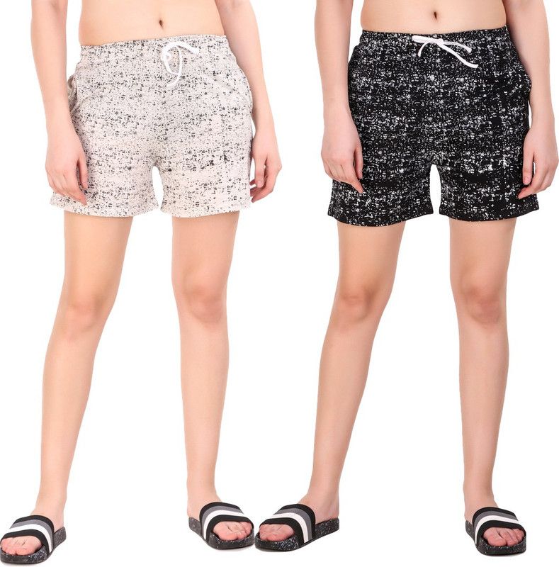Pack of 2 Printed Women White, Black Regular Shorts