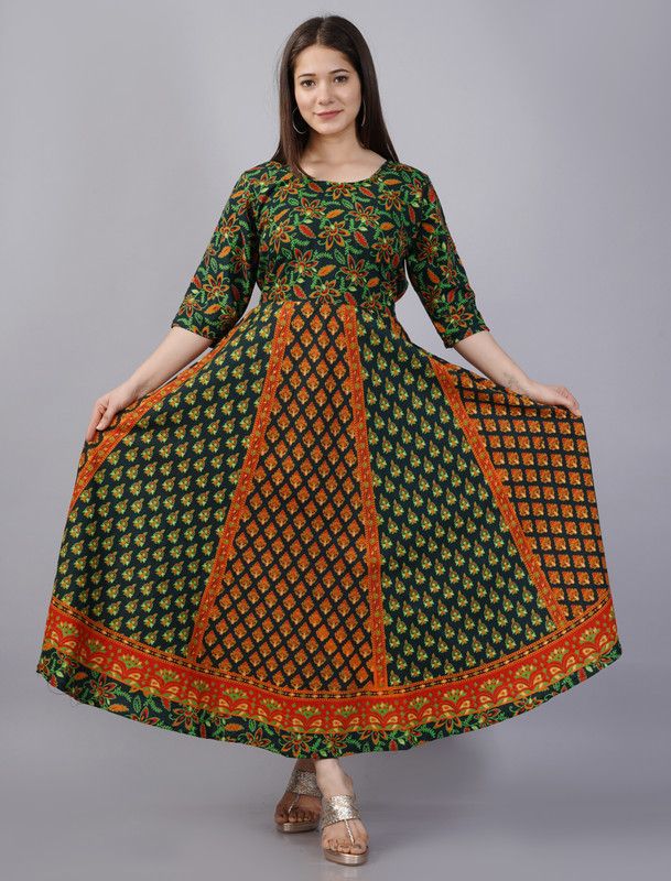 Pure Cotton Stitched Flared/A-line Gown  (Green)