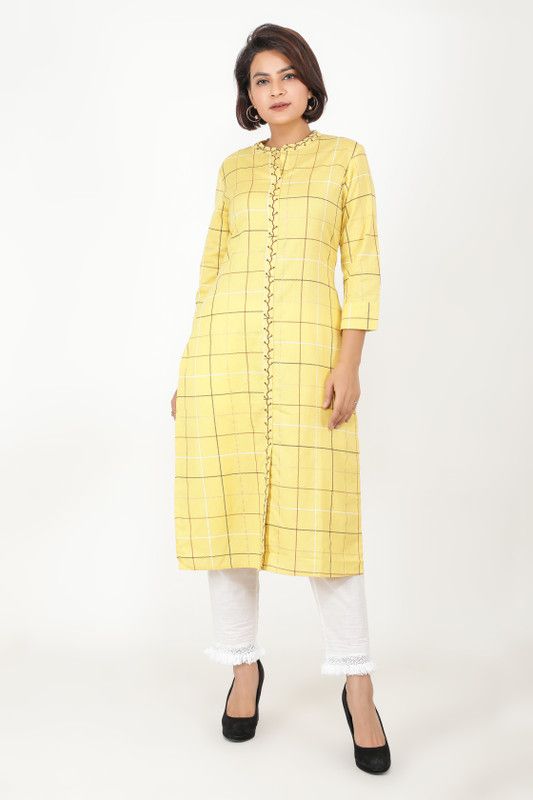 Women Checkered Cotton Blend Straight Kurta  (Yellow)