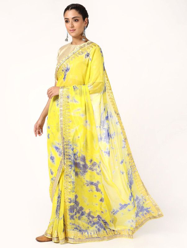 Printed Hand Batik Chiffon Saree  (Yellow)