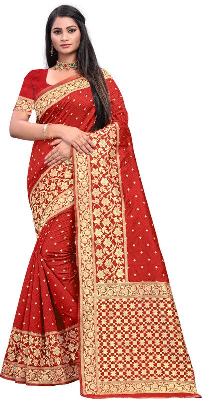 Woven Dharmavaram Jacquard Saree  (Red)