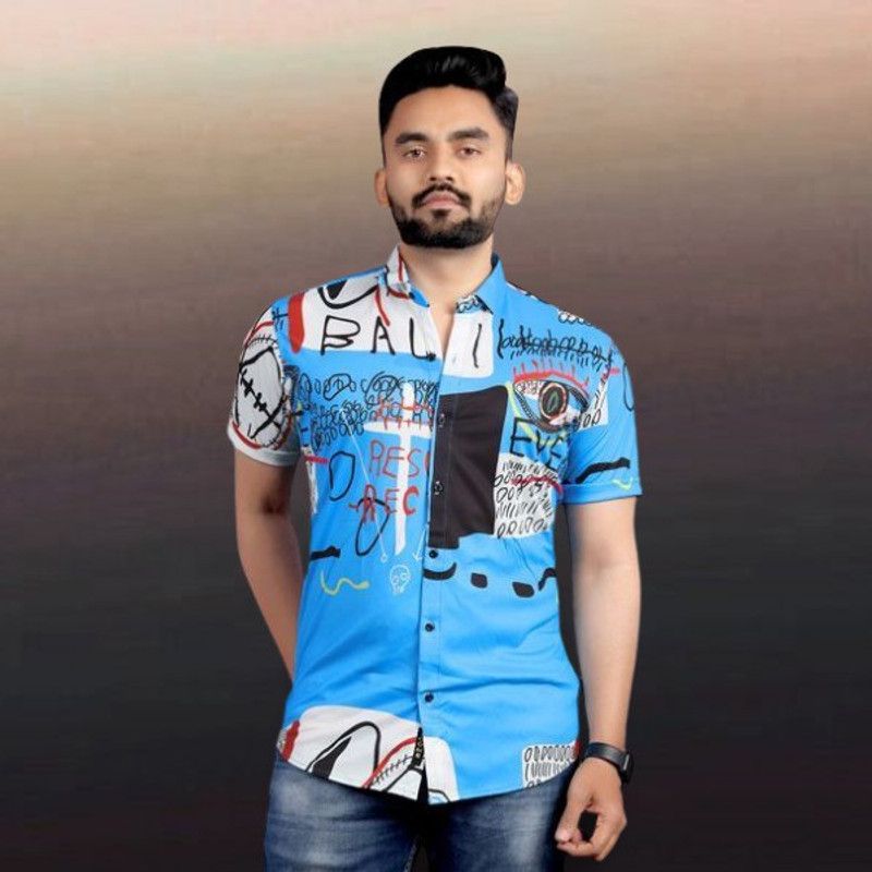 Men Printed Party Light Blue Shirt