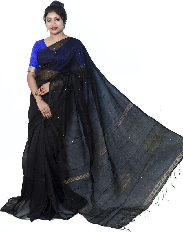 Embroidered Handloom Cotton Silk Saree  (Black)