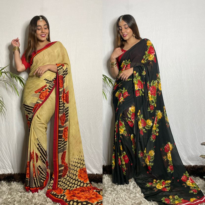 Printed Daily Wear Georgette Saree  (Beige, Black)