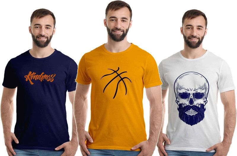 Pack of 3 Men Graphic Print Round Neck Pure Cotton White, Yellow, Navy Blue T-Shirt