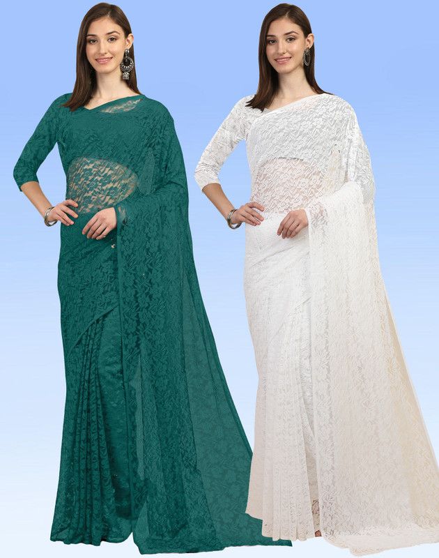 Embellished Bollywood Net, Brasso Saree  (Pack of 2, Green, White)