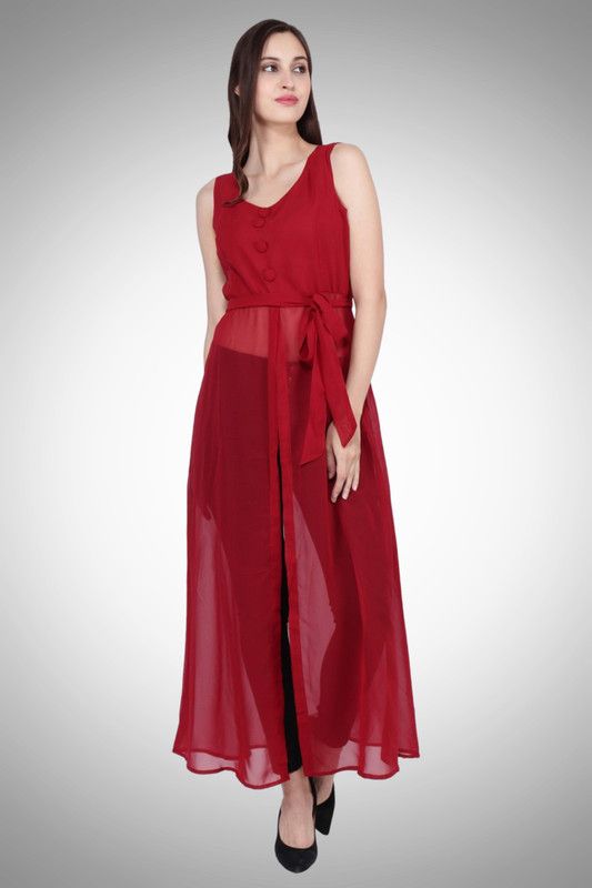 Women Solid Georgette Frontslit Kurta  (Maroon)