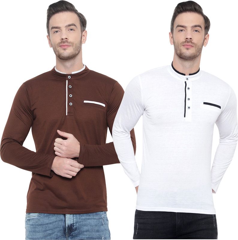 Pack of 2 Men Solid Mandarin Collar Cotton Blend White, Brown T-Shirt