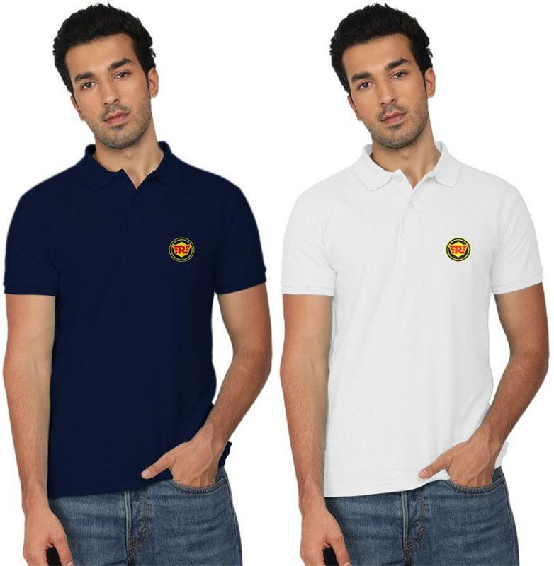 Pack of 2 Men Printed Polo Neck Poly Cotton White, Navy Blue T-Shirt