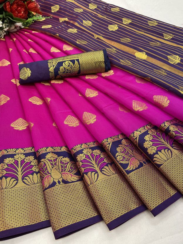 Woven Maheshwari Jacquard Saree  (Magenta)
