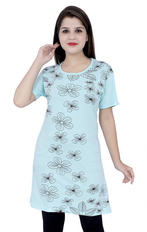 Women Floral Print Round Neck Cotton Blend Light Blue T-Shirt