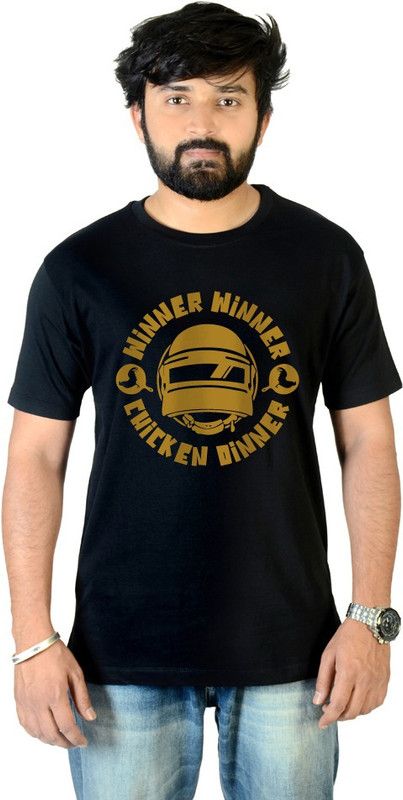 Pubg Winner Chicken Dinner Pan Men Printed Round Neck Pure Cotton Black T-Shirt