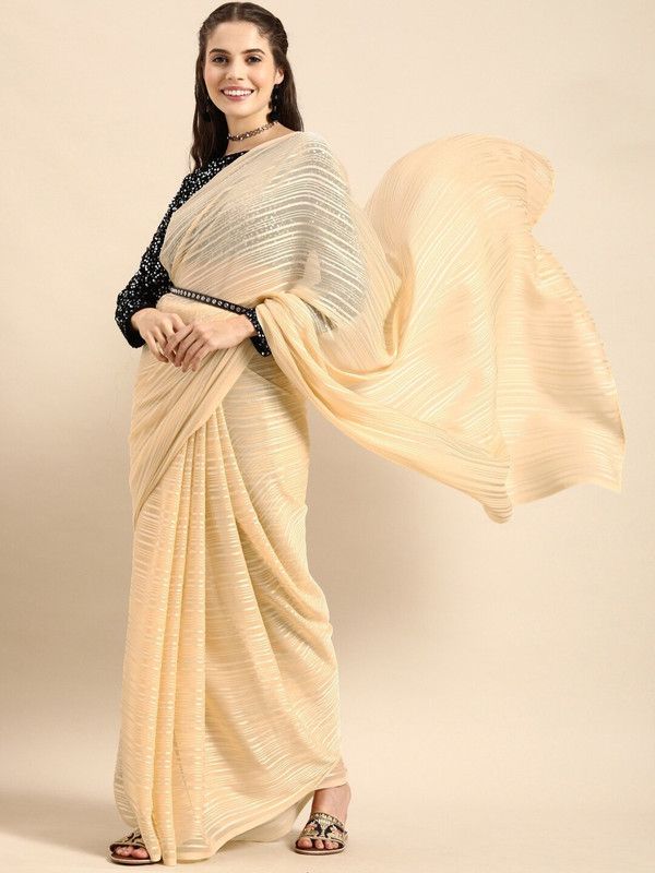 Self Design Bollywood Silk Blend Saree  (Cream)