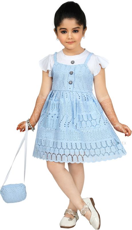 Girls Midi/Knee Length Casual Dress  (Light Blue, Short Sleeve)