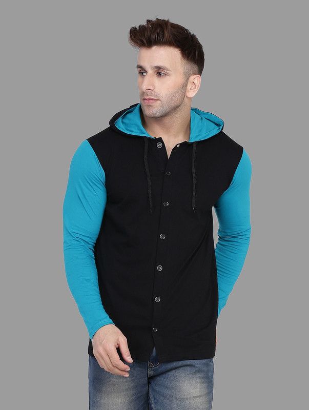 Faizaan Men Solid Hooded Neck Cotton Blend Black, Light Green T-Shirt