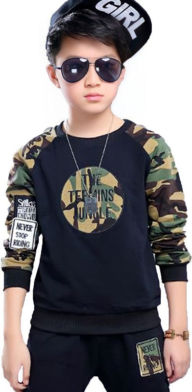 Boys Military Camouflage Cotton Blend T Shirt  (Black, Pack of 1)