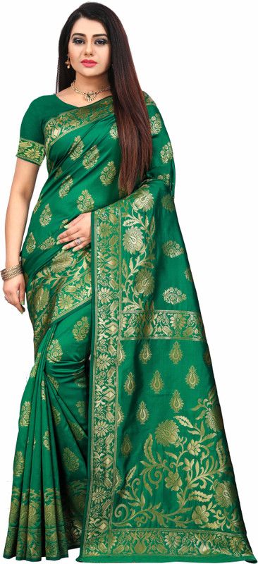 Woven Paithani Jacquard Saree  (Green, Gold)