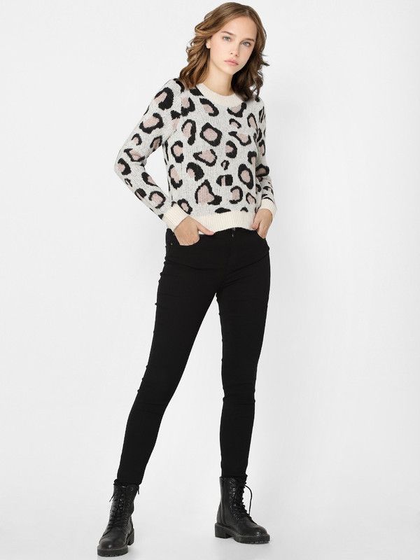 Women Self Design Round Neck Beige, Black Sweater