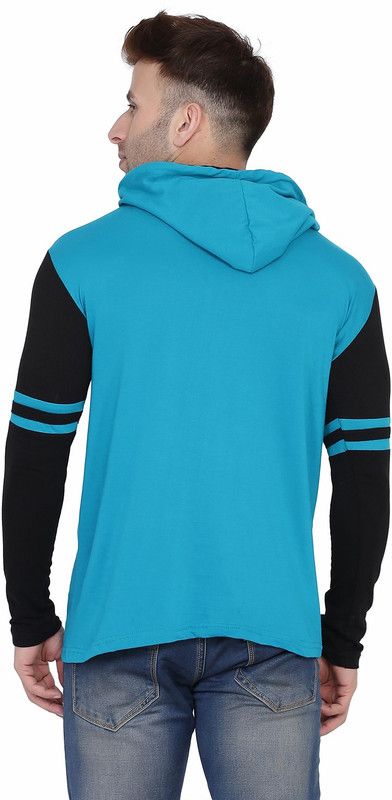 Men Colorblock Hooded Neck Cotton Blend Light Blue, Black T-Shirt