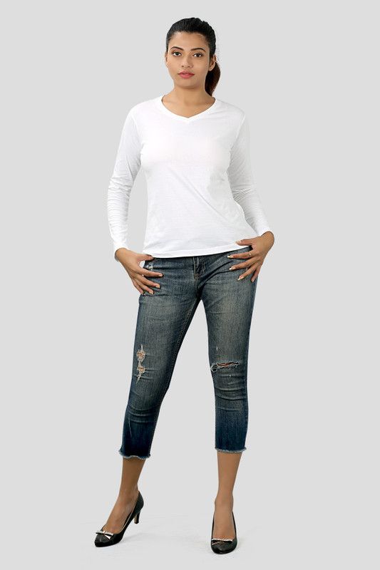 ANGELS WHITE Women Solid V Neck Cotton Blend White T-Shirt