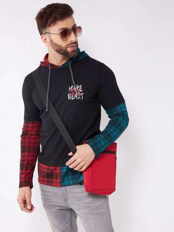 Men Checkered Hooded Neck Pure Cotton Red, Blue, Black T-Shirt