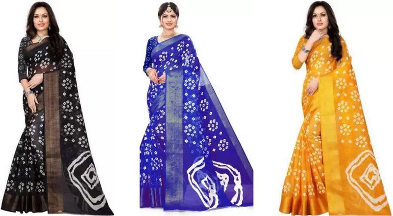 Self Design Bandhani Cotton Silk Saree  (Pack of 3, Blue, Black, Yellow)