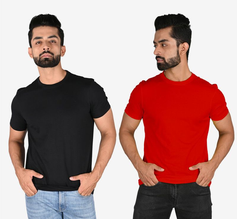 Pack of 2 Men Solid Round Neck Pure Cotton Black, Red T-Shirt