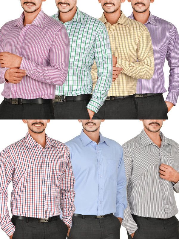 Men Regular Fit Striped, Solid, Checkered Spread Collar Formal Shirt  (Pack of 7)