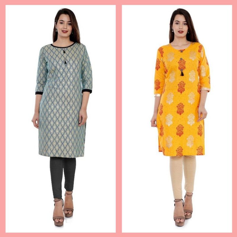 Pack of 2 Women Printed Cotton Blend Straight Kurta  (Grey, Yellow)
