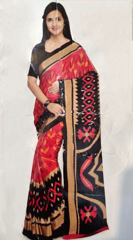 Fashion Crepe Saree  (Black, Red)