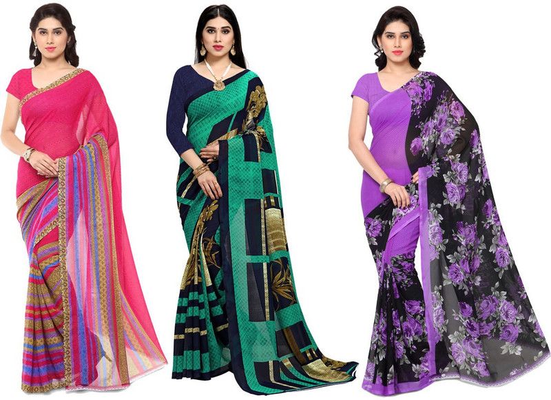 Paisley, Ombre, Geometric Print, Floral Print Daily Wear Georgette Saree  (Pack of 3, Purple, Green, Pink, Black)