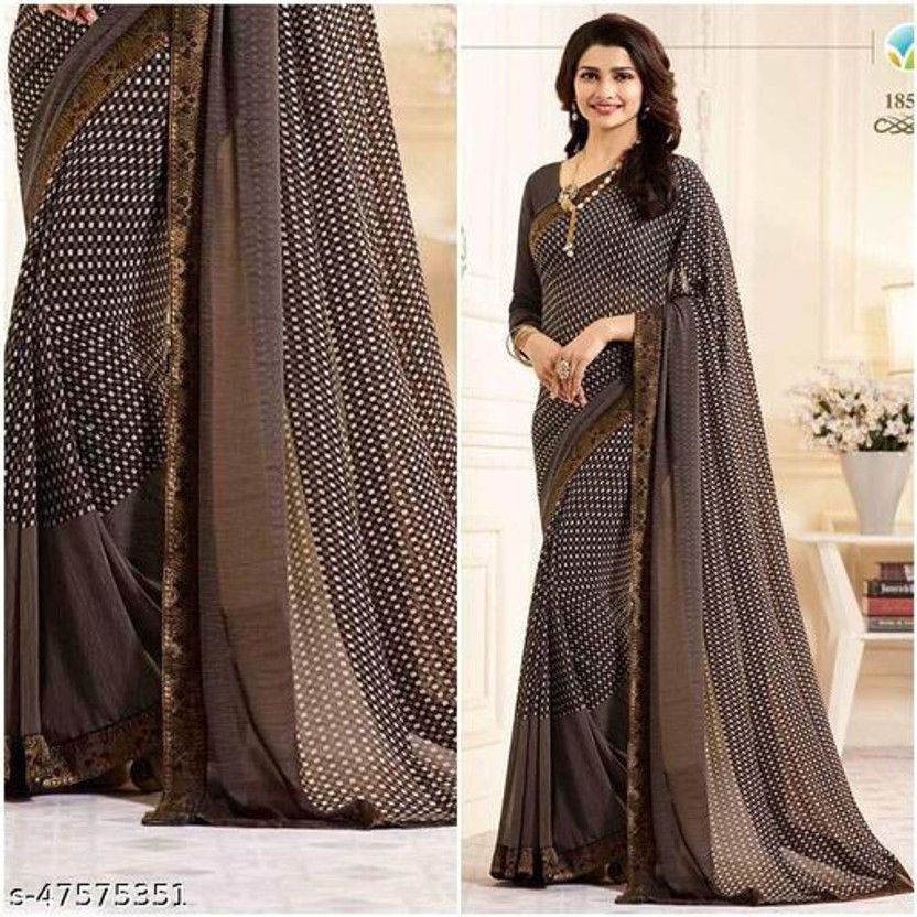 Embellished, Digital Print, Printed Bollywood Georgette, Chiffon Saree  (Brown, White)