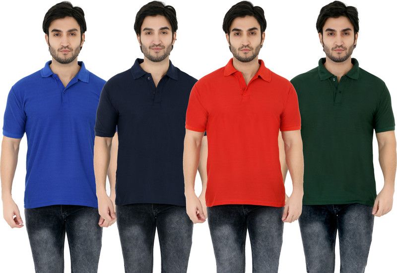 Pack of 4 Men Solid Polo Neck Poly Cotton Red T-Shirt