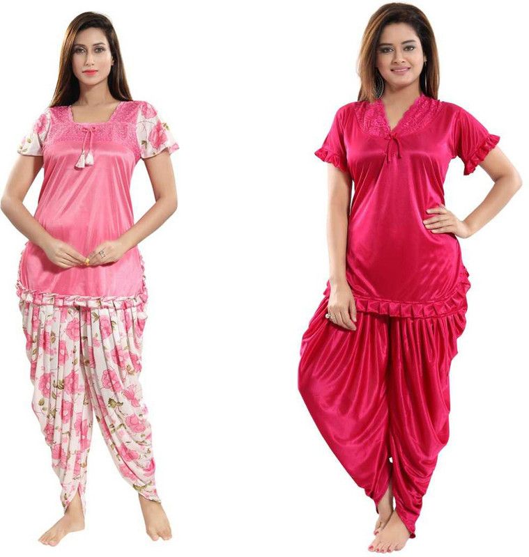 Women Top & Pyjama Set Pink, Multicolor Solid