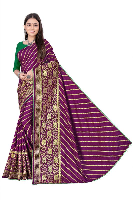 Striped Assam Silk Art Silk Saree  (Purple)