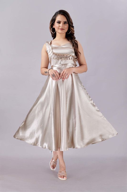 Solid, Dyed Satin Stitched Flared/A-line Gown  (Silver)