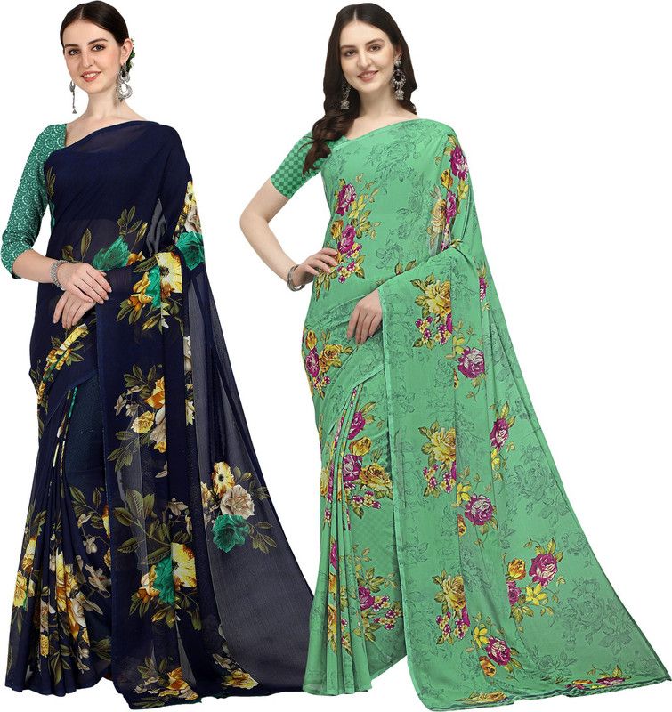 Printed Daily Wear Georgette Saree  (Pack of 2, Dark Blue, Dark Green)