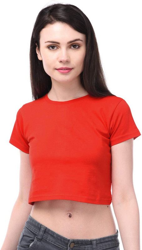 CPT-03-S Women Solid Round Neck Cotton Blend Red T-Shirt