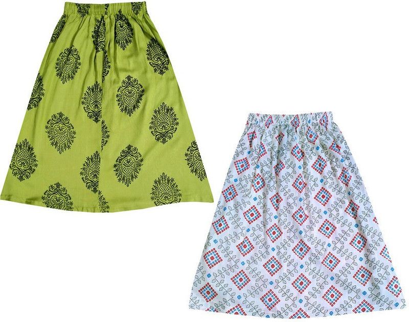 Girls Printed Flared Green, Multicolor Skirt