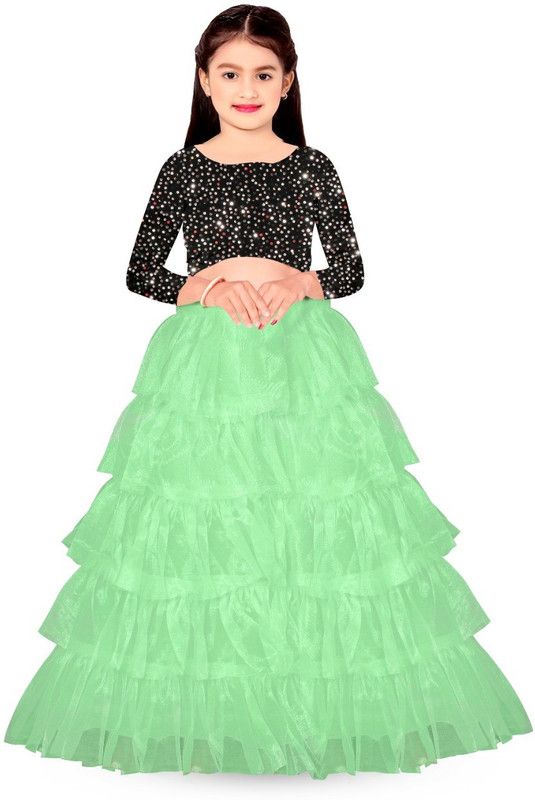Girls Lehenga Choli Ethnic Wear Embellished Lehenga Choli  (Light Green, Pack of 1)